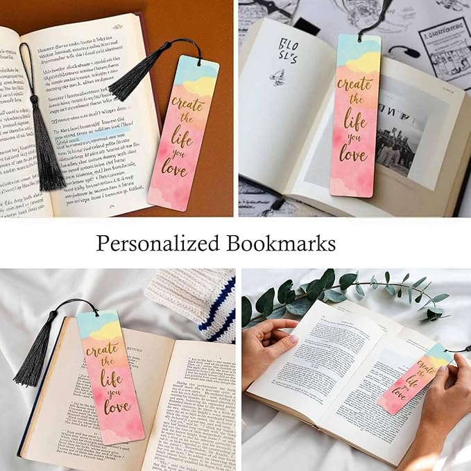 Create Life 5 Pcs Bookmarks Pink Blue Tie Dye Wooden Bookmarks with Tassel for Students Reader Teachers Book Lovers