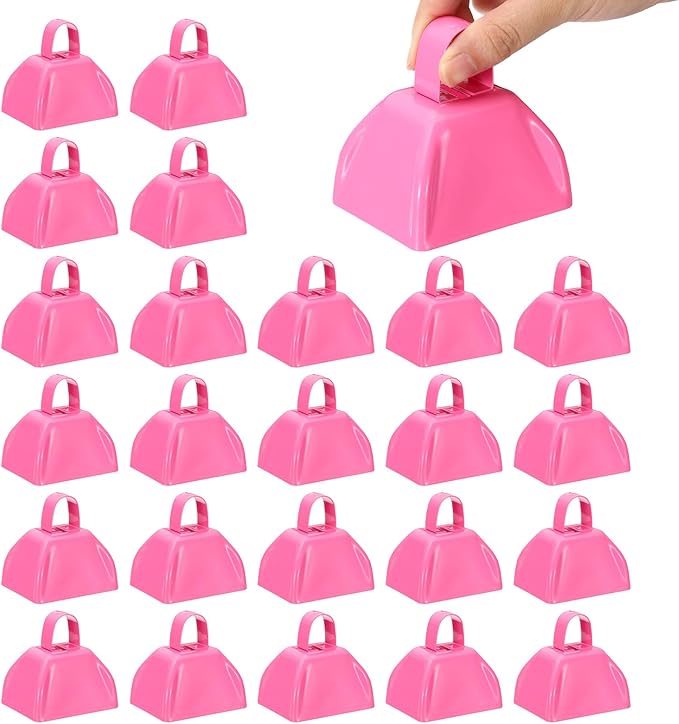 PATIKIL 24pcs Cow Bells for Football Games, 3inch Cowbells for Sporting Events Bulk Loud Noise Makers Metal Cow Bell with Handle for Cheering Wedding,Pink