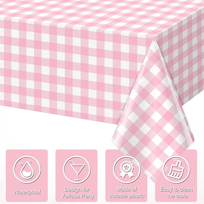 6pcs 54X108inch Pink Checkered Tablecloth,Pink Gingham Tablecloths Buffalo Plaid Disposable Plastic Table Covers for Birthday Baby Shower Bridal Wedding Party Birthday Decorations