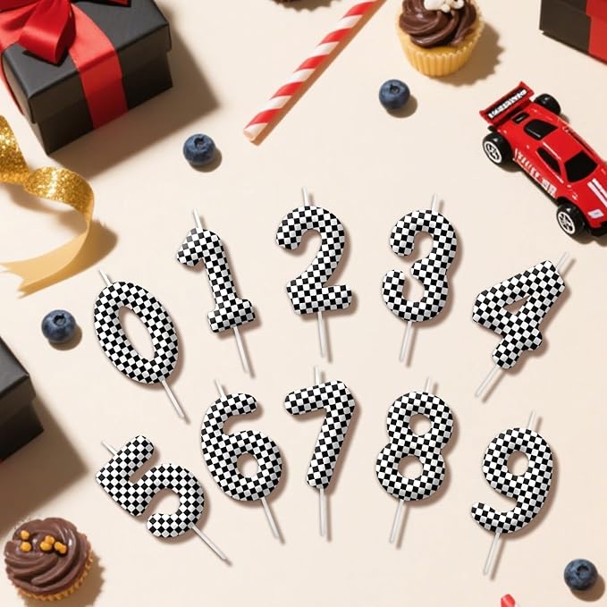 Racing Cars Number 8 Birthday Candles, Black White Checkered Flag Themed Cake Topper for Boys Girls, Cake Decorations for Birthdays, Race Car Theme Party Supplies, Candles for Party Decorations