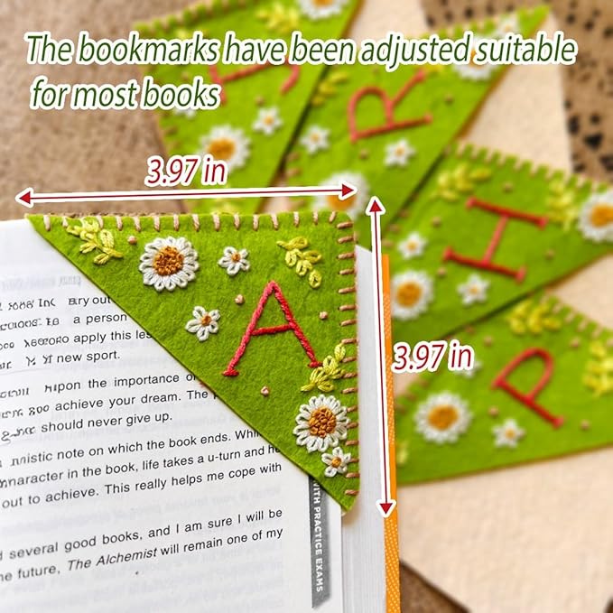 Personalized Hand Embroidered Corner Bookmark, Bookmarks for Women, Personalized Bookmark for Book Lovers, Cute Flower Book Mark by HNQCPCVU (E, Green)