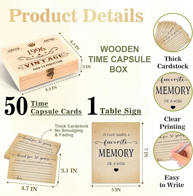 30th Birthday Party Share a Memory Set, 1996 Birthday Gifts for Women Men, 1996 Wooden Share A Memory Box with Memory Sign and 50 Pcs Memory Cards, 1996 Birthday Gifts, 30th Birthday Party Decorations