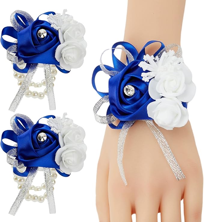 Meldel Rose Royal Blue Wrist Corsages for Prom, Set of 2, Wrist Corsages for Wedding Bridal Bridesmaid Girl Mother Women, Hand Flower for Wedding Formal Dinner Party Homecoming Ceremony Anniversary