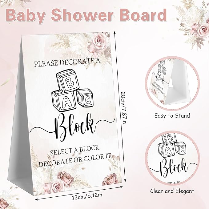 Marsui 136 Pcs Baby Shower Blocks to Decorate Game Kit Includes 98 Wooden Blocks, 36 Markers, 1 Game Sign, 1 Storage Box for Baby Shower Gender Reveal Activity Party Decorations(Floral)