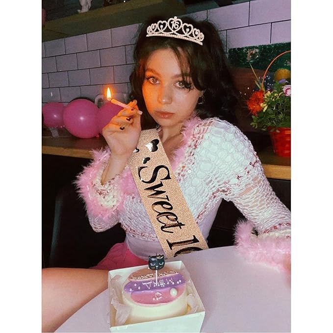 16th Birthday Crown and Sash for Girls Sweet 16 Birthday Decoration 16th Rose Gold Tiara and Sweet 16 Glitter Sash 16th Party Supplies