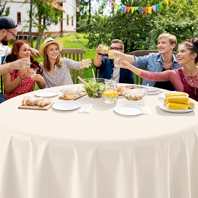3Pcs 84Inch Beige Tablecloths for Round Tables,Disposable Plastic Ivory Table Cloth,Waterproof Cream Table Cover for Birthdays Weddings Anniversary Party Decorations