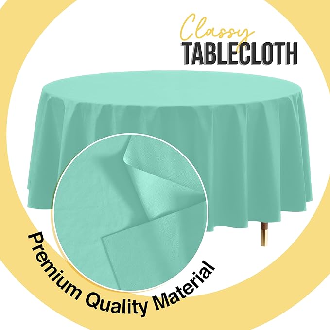 Exquisite 66% Thicker Premium Mint Round Tablecloth 0.5 Mil 24 Pack Plastic Table Cloth Disposable 84 Inch Round Plastic Tablecloth Won't Tear Easily Like Cheap Thin Brands