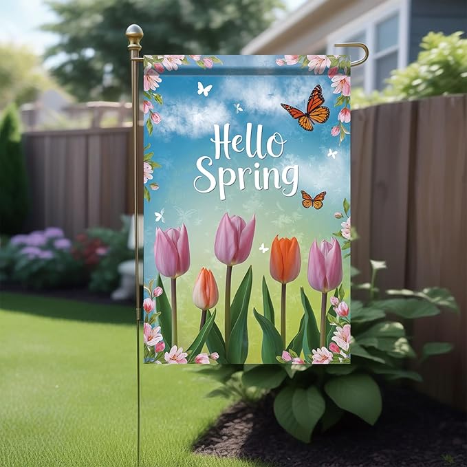 Starlit Patio Welcome Spring Garden Flag 12x18 Double Sided Small Butterflies Tulip Floral Flower Garden Flag House Outside Spring Summer Decoration Seasonal Flower Yard Outdoor Flag