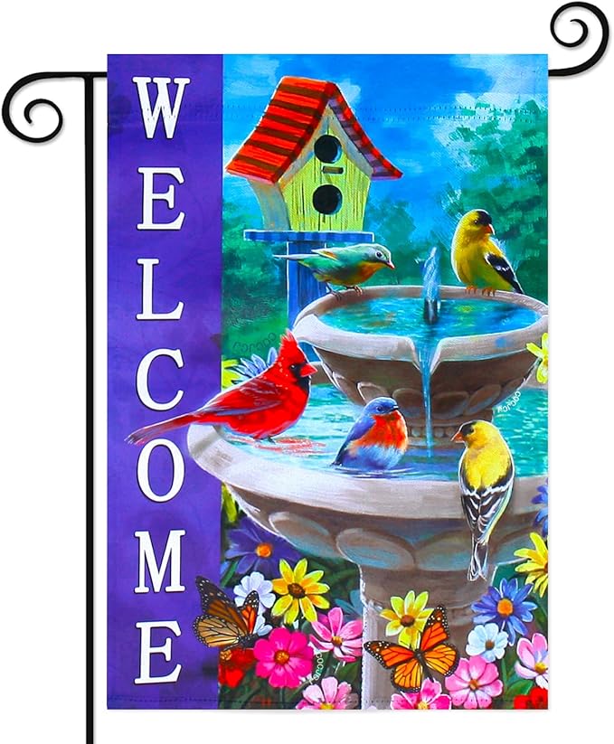 Welcome Spring Summer bird Outside Vertical Double Sided small Garden flags for all seasons Cardinal Birdhouse Outside Yard Flags