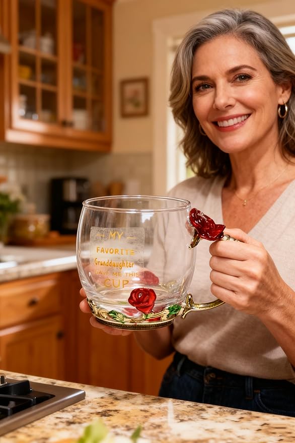 Gifts for Grandma Flower Glass Tea Cup Coffee Cup Christmas Gift from Granddaughter Grandkids Grandchildren, Birthday Mother's Day Grandparent Glass Cup Printing Gift (Grandma)
