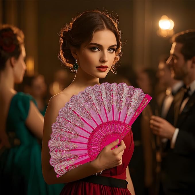 QIRMIZI 10 Pack Folding Handheld Fans,Silk Spanish Fan, Perfect for Weddings, Parties, and Dancing,Deeppink
