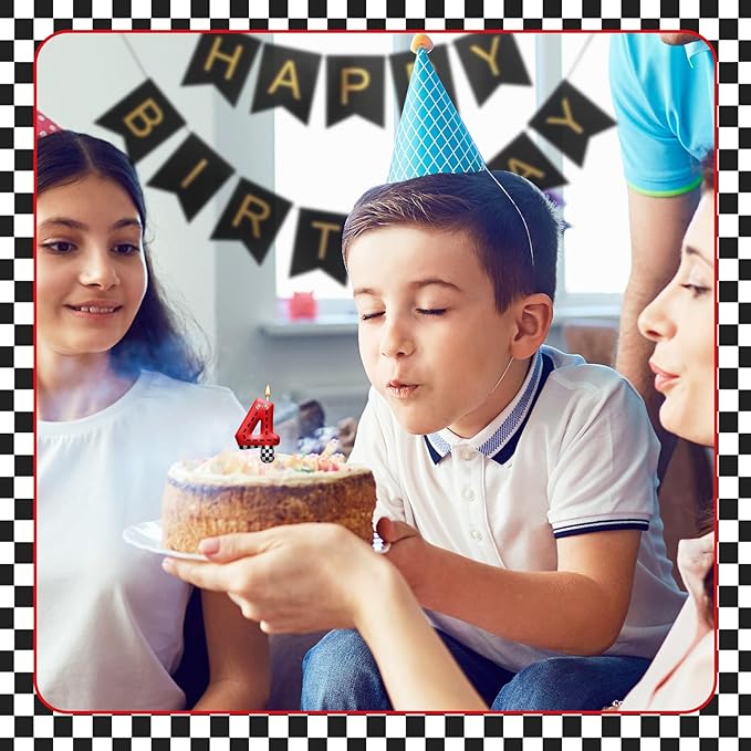 Racing Car Theme Birthday Candle with Checkered Flag Design - Durable Cake Topper for Race Car Party Decorations,Birthday Supplies - Number 4 Candle for Racing Themed Celebrations