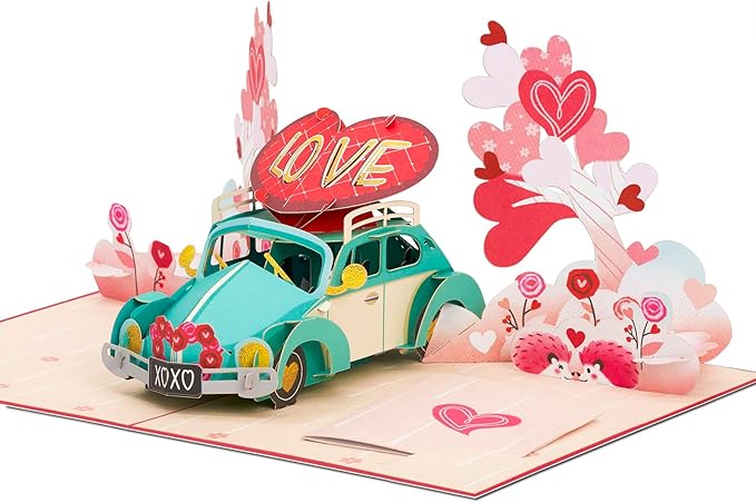 Love Car Valentines Pop Up Card, Blue Beetle For Love, Birthday, All Occasion, Just Because, Gift for Him, Husband, Boyfriend, Crush, Father, 5x7 - Includes Envelope And Message Note