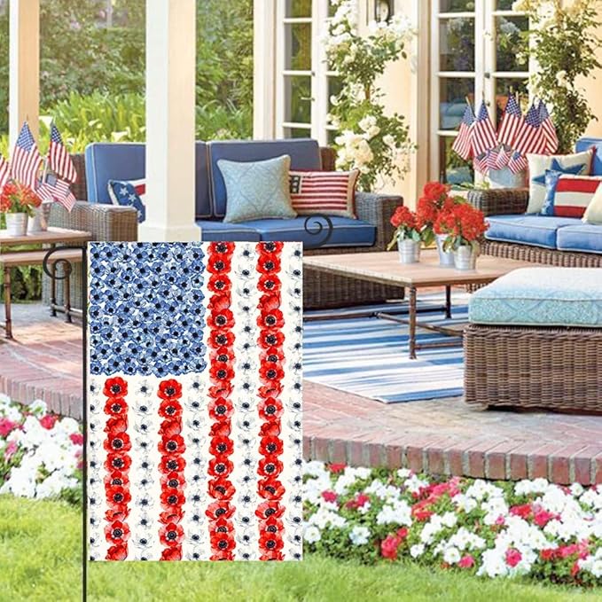 Patriotic Flower American Garden Flag Spring Summer Yard Decor 4th of July Memorial Independence Day Decorations Red White Blue Poppy Banner for Outside 12x18 Double Sided