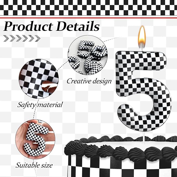 Racing Cars Themed Birthday Candle Number 5 Checkered Candle Birthday Party Decoration Cake Topper for Racing Car Party Decoration Theme Party Supplies (Number 5)