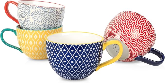 Selamica Coffee Mugs Set of 4, 24 OZ Jumbo Soup Mugs with Handles, Ceramic Coffee Cups for Cereal Latte Tea Milk Cappuccino, Dishwasher & Microwave Safe, Assorted Colors
