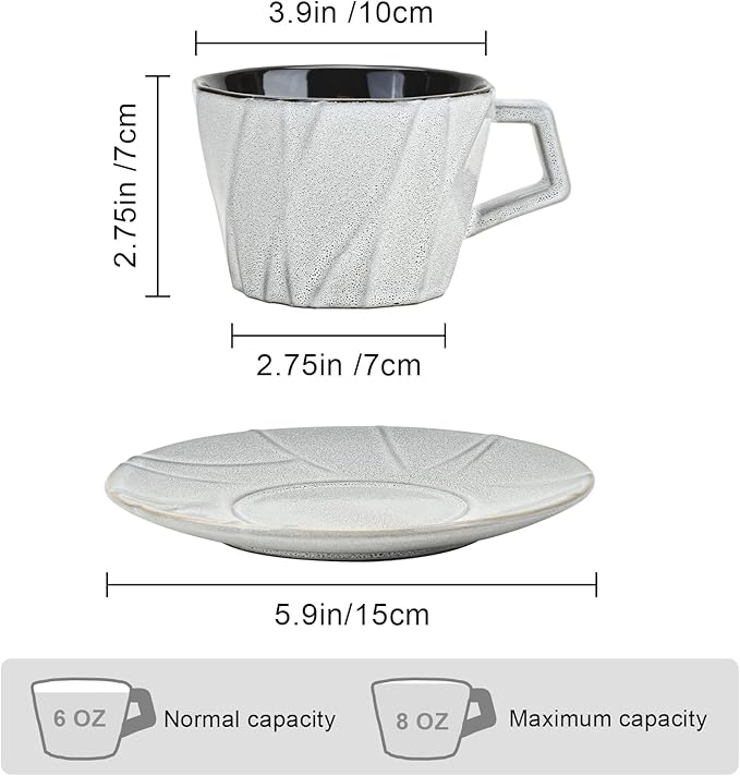 Ceramic Espresso Cups with Saucers 6 oz,Coffe Cups for Cappuccino,Latte,Tea with Saucers Set of 4 - Geometry - Gray