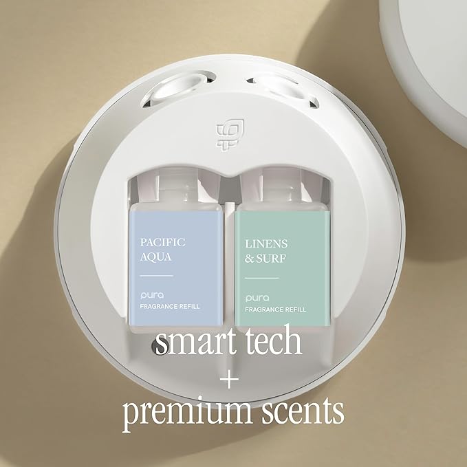 Pura - Smart Home Fragrance Device Starter Set - Pura 4 - Scent Diffuser for Home - Includes Fragrance Aroma Diffuser - Square Box, Pacific Aqua and Linens & Surf Scent Refills