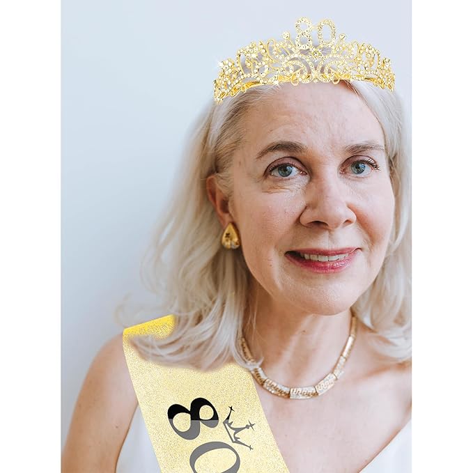CIEHER 80th Birthday Decorations for Women - 80th Birthday Crown + 80 & Fabulous Birthday Sash + Pearl Pin Set, Gold 80th Birthday Tiara, 80th Birthday Gifts Women