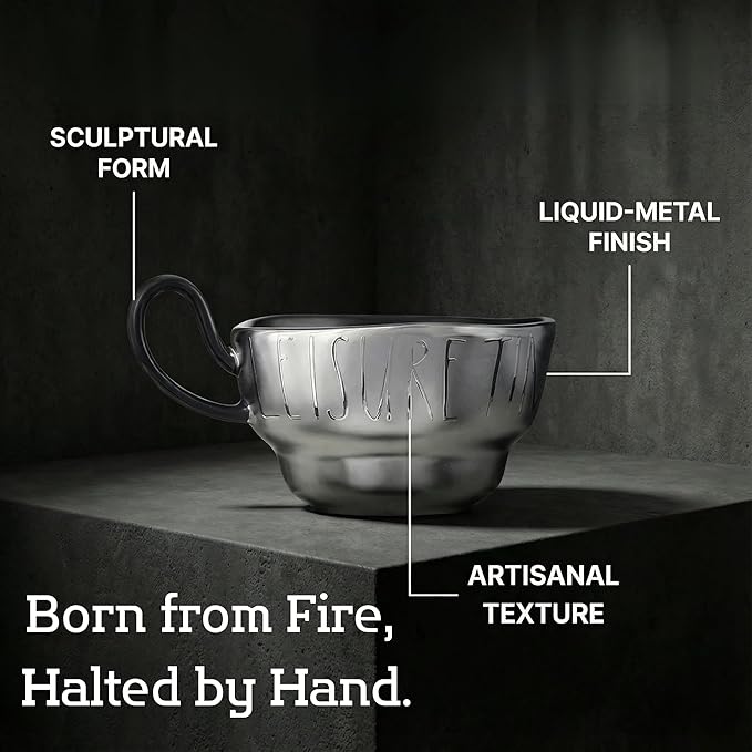 Volcanic Ash Titanium Finish Coffee Mug and Saucer Set (8 oz) | Modern Sculptural Ceramic Cup for Espresso & Latte | Unique Artisanal Home Decor & Desk Art
