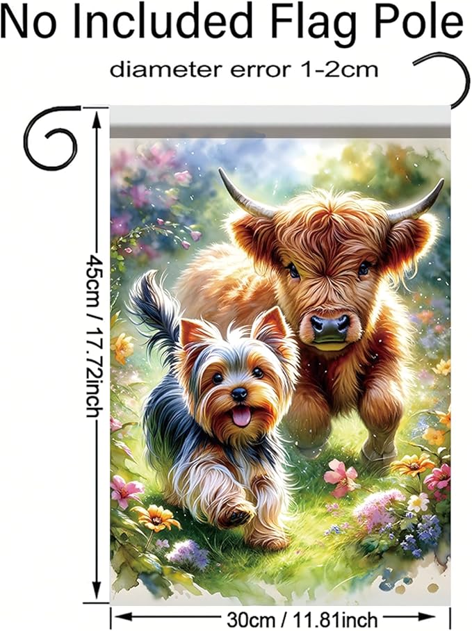 Starlit Patio Welcome Spring Summer Garden Flag 12x18 Inch Double Sided Highland Cow Garden Flag Yorkshire Terrier Yard Flags for Seasonal Outside Outdoor Dog Decoration Farmhouse Decor