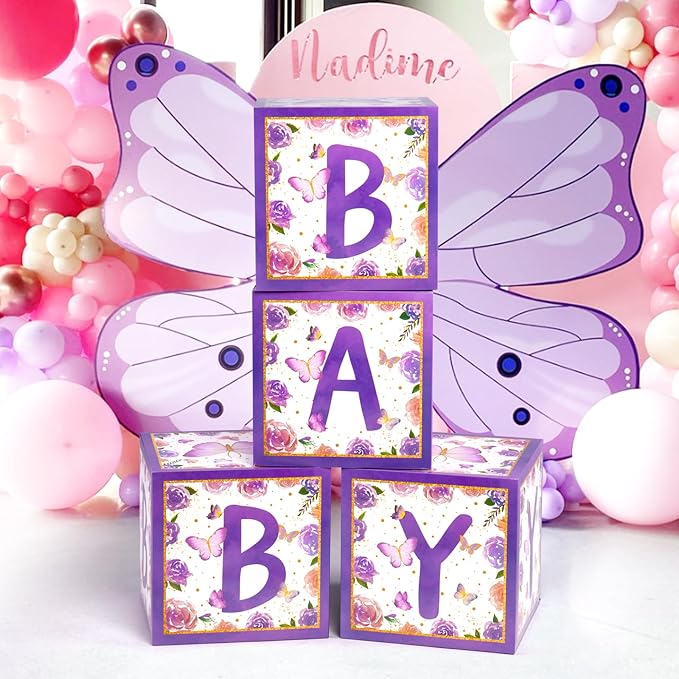 Baby Boxes with Letters and Butterfly Balloons for Gender Reveal Decoration (Purple)