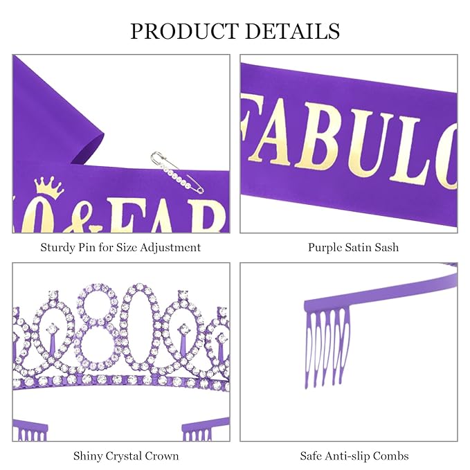 Casoty Purple 80th Birthday Sash and Tiara, 80th Birthday Decorations for Women, 80 & Fabulous Sash and Crown Set, Party Supplies Favors for Women Gifts for Her