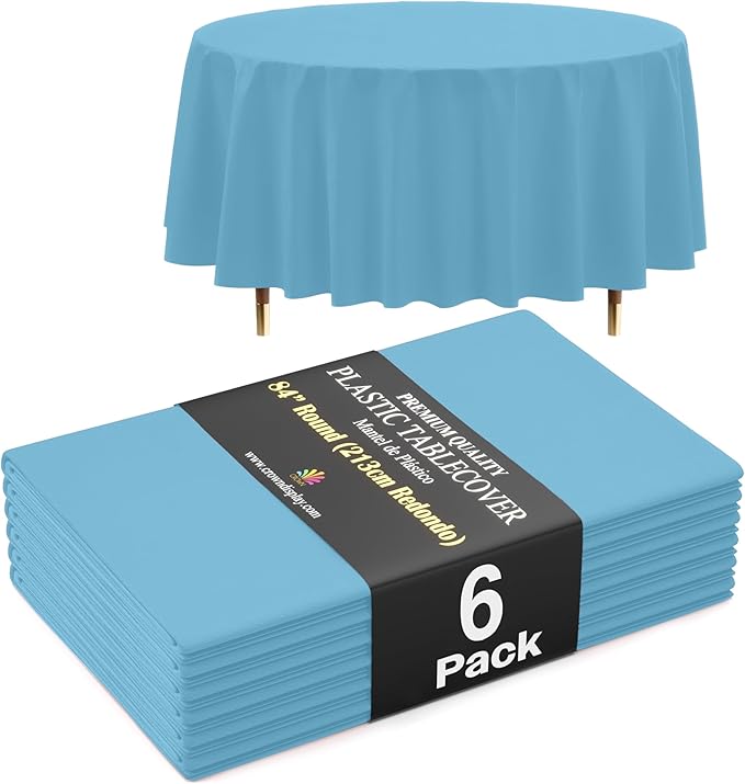 Exquisite 66% Thicker Premium Sky Blue Round Tablecloth 0.5 Mil 6 Pack Plastic Table Cloth Disposable 84 Inch Round Plastic Tablecloth Won't Tear Easily Like Cheap Thin Brands