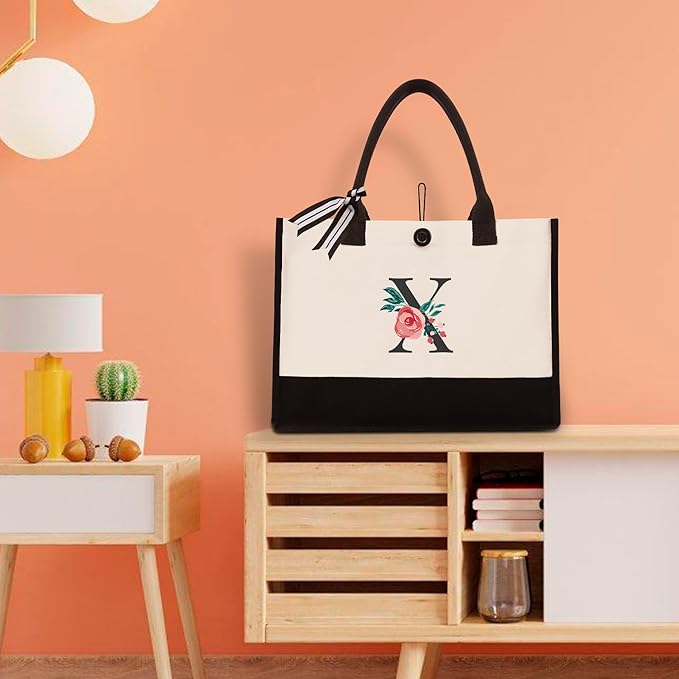 Initial Canvas Tote Bag, Personalized Birthday Gifts for Women Mom Friends Teachers, Monogrammed Tote Bags Suitable for Mother's Day Wedding Beach (Letter X)