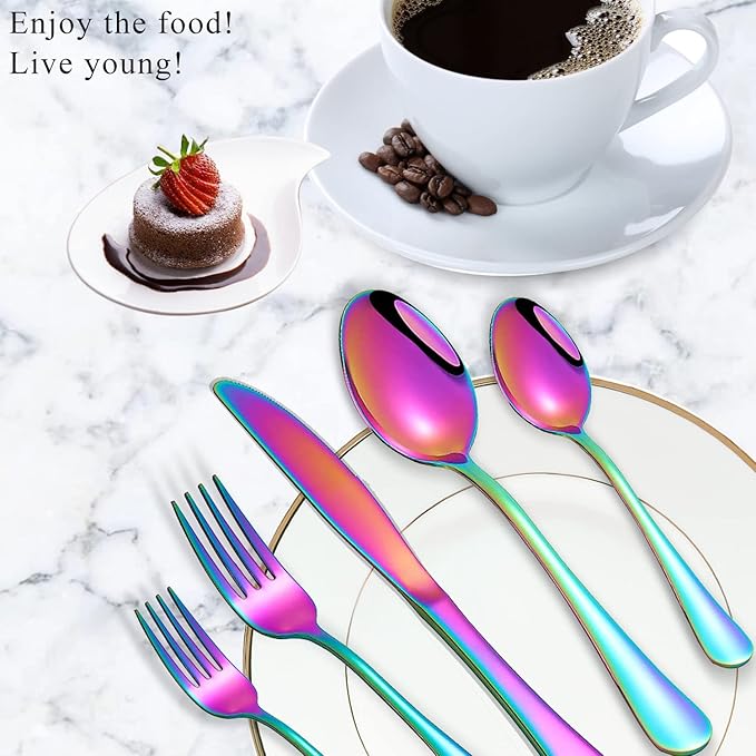 Rainbow Spoons,Set of 16 Top Food Grade Stainless Steel Spoons Silverware, Big Tea Spoons,6.7 Inches,Mirror Finish & Dishwasher Safe,New Apartment Essentials Flatware