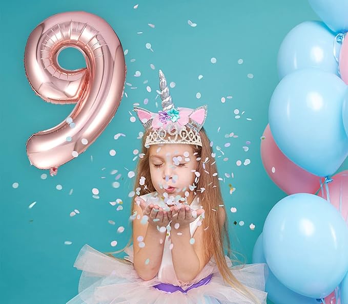 9th Birthday Decorations for Girls, Including 9 year old Birthday Cake Topper, Queen Sash with Pearl Pin, Sweet Rhinestone Tiara Crown, Number Candles and Balloons Set, Rose Gold