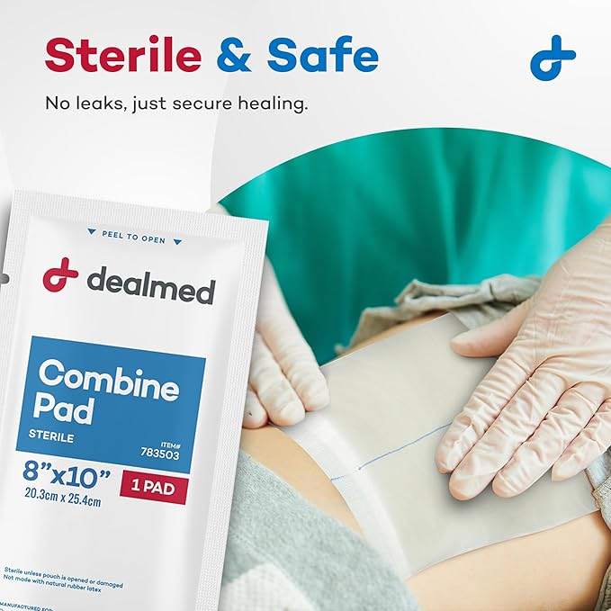 Dealmed Abdominal Combine Pads 8"x10" (24-Pack) Sterile Individually Wrapped, ABD Pads, Absorbent, Non Adherent for Wound Care, Drainage, First Aid, 24/Box (1 Pack)