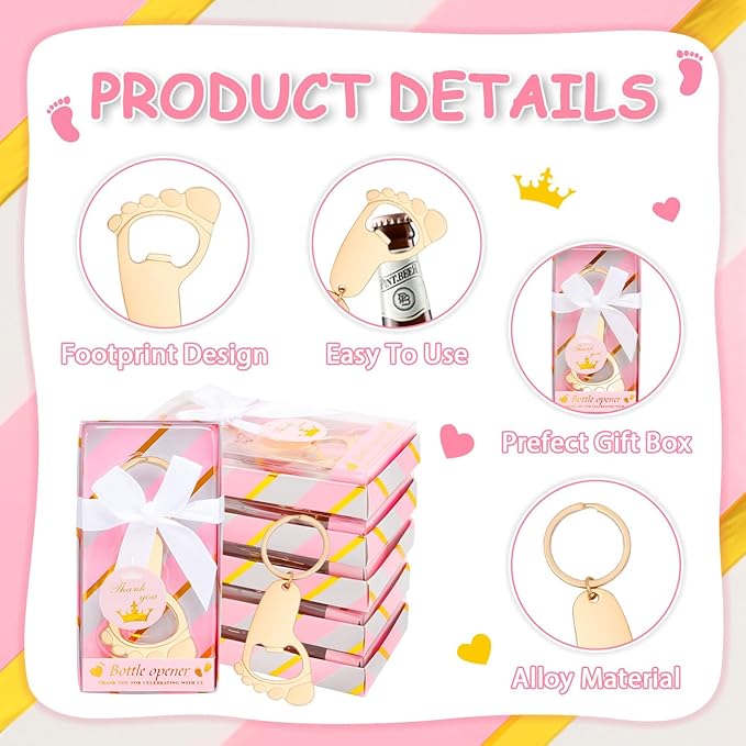 50Pcs Baby Girl Foot Keychain Footprint Bottle Openers Small Foot Bottle Opener Keychain Souvenir for Guests Baby Shower Return Gift for Party Favors with Pink Boxes Gifts or Decorations