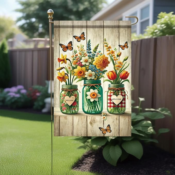 Starlit Patio Welcome Summer Spring Garden Flag 12x18 Double Sided Small Mason Jar Tulip Flower Yard Flag for Outside Farmhouse Holiday Outside Outdoor House Decor Decoration