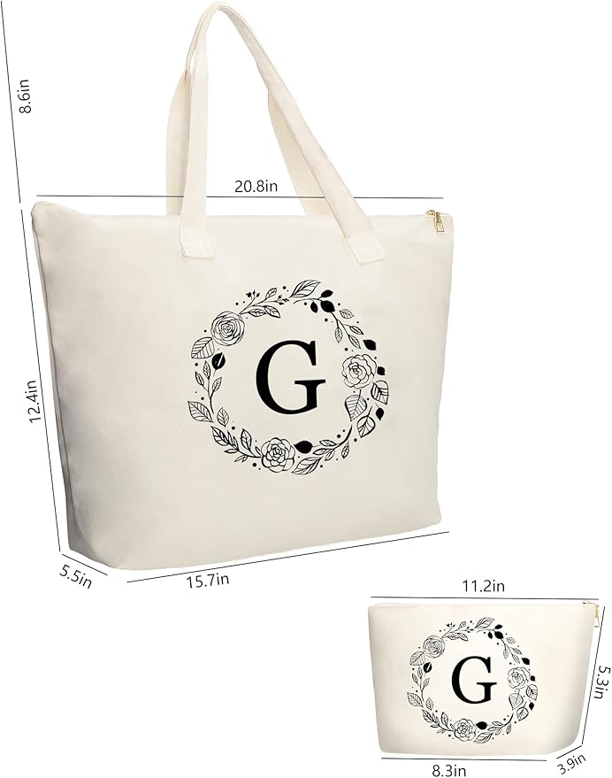 Personalized Initial Canvas Tote Bag with Zipper, Present Bag with Inner Pocket & Make Up Bag, Great Gifts for Women, Mom, Teachers, Friends, Bridesmaids