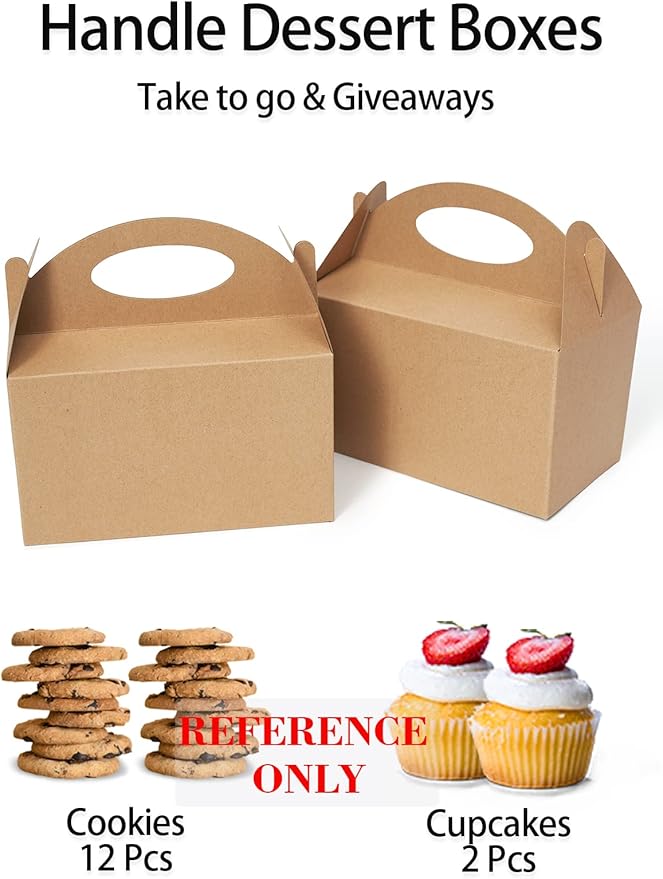Happyhiram 50 Count Party Favor Boxes Kraft Brown, Treat Boxes with Handles 6" Gable Boxes Candy Party Favor Paper Gift Boxes for Kids Birthday Baby Shower Bridal Shower