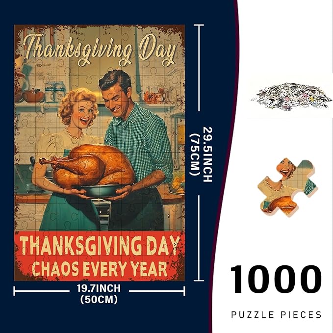 1000 Pieces Wooden Jigsaw Puzzle Fall Thanksgiving Day Turkey Thanksgiving Chaos Every Year Challenging Educational Fun Family Games Toys Gifts Family Activities 29.5x19.7 Inch