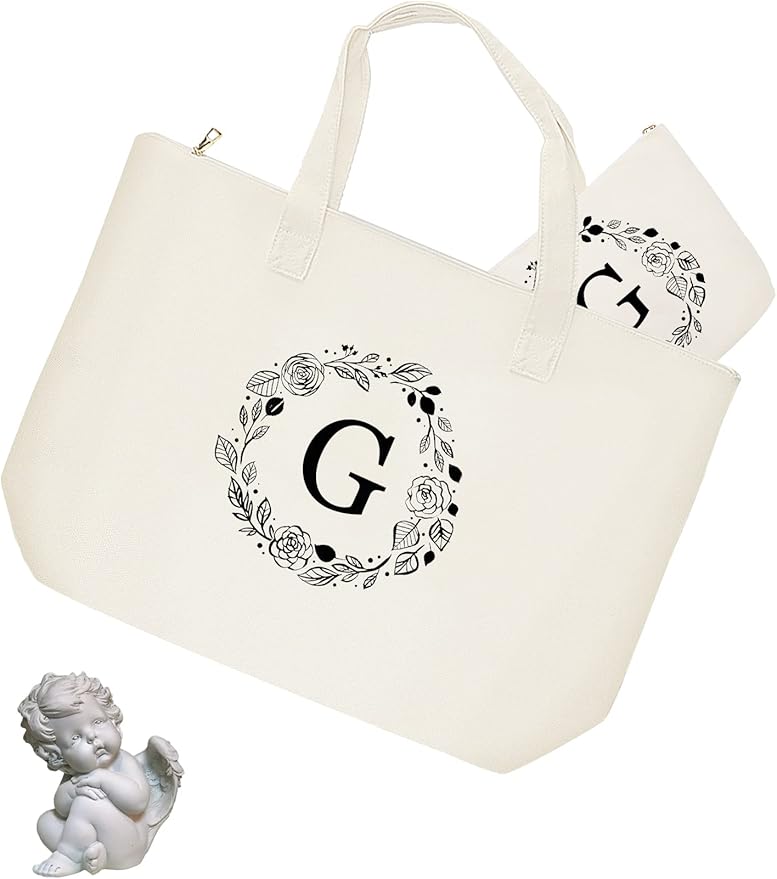 Personalized Initial Canvas Tote Bag with Zipper, Present Bag with Inner Pocket & Make Up Bag, Great Gifts for Women, Mom, Teachers, Friends, Bridesmaids