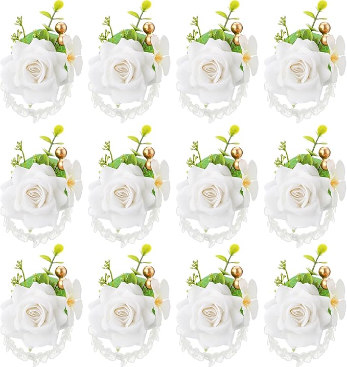 Sherr Set of 12 Rose Wrist Corsages for Wedding Corsage Flower Wristlet Floral Wedding Wrist Bridal Rose Leaf Hand Flowers for Bride Bridesmaid Prom Engagement Festival(White)