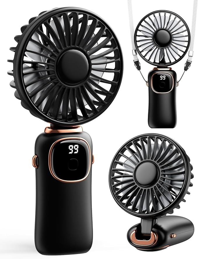 coldSky Portable Handheld Fan, 4000mAh Battery Operated 3 in 1 Multifunction Personal Travel Fans with Digital Display, 90° Foldable Desk Fan with Base, 5 Speed Lash Fan for Makeup/Office (Black)