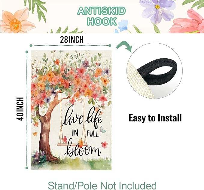Baccessor Spring Summer House Flag, Flower Tree Swing Butterflies Floral Large Yard Flag for Outside Double Sided Burlap Outdoor Porch Decor 28 x 40 Inch