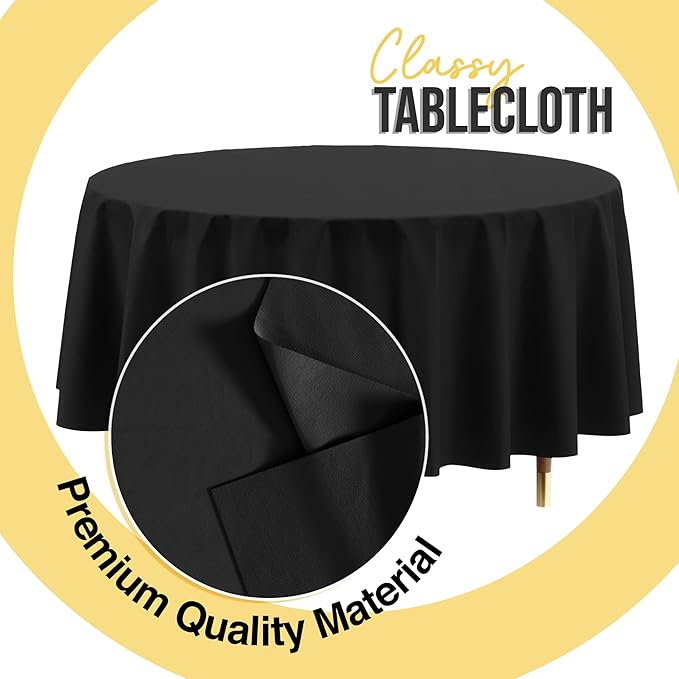Exquisite 66% Thicker Premium Black Round Tablecloth 0.5 Mil 24 Pack Plastic Table Cloth Disposable 84 Inch Round Plastic Tablecloth Won't Tear Easily Like Cheap Thin Brands