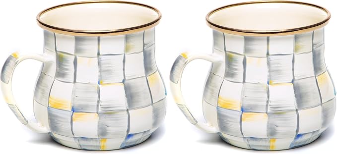 MACKENZIE-CHILDS Enamel Mug, Cute Enamelware Coffee and Tea Mug, Unique Drinkware, 16 Ounces, Gray-and-White Sterling Check, Set of 1 (Pack of 2)