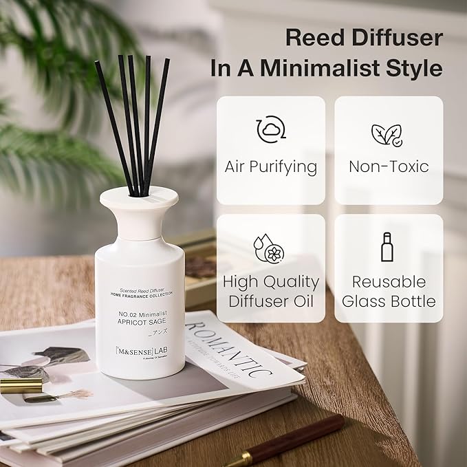 M&SENSE Reed Diffuser Set, 10.14 fl oz Large Reed Diffuser, Apricot Sage Scented with Natural Essential Oils, Long Lasting with 7 Sticks, Non-Toxic Home Fragrance Reed Diffuser for Bedroom, Bathroom