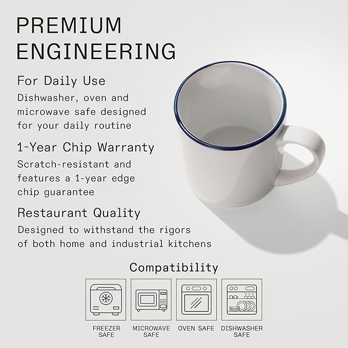 Made In Cookware - Set of 4 - Coffee Mug Set - 12 oz - White With Navy Rim - Porcelain England - Dishwasher and Microwave Safe