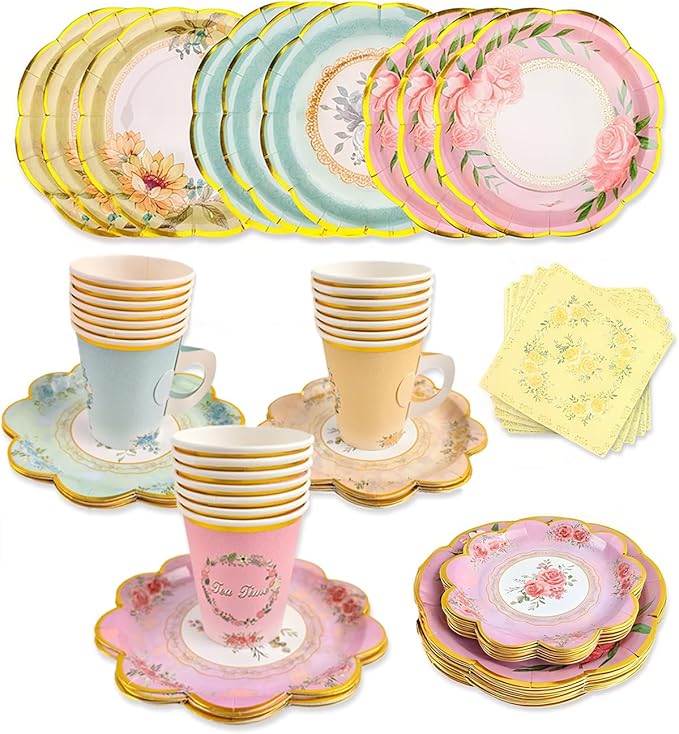 240 Pcs 48 SetsTea Party Supplies Floral Paper Tea Cups and Saucers, Disposable Teacup with Handle, 9'' ＆ 7'' Paper Plate Napkin, for Birthday, Baby Shower, Wedding Decorations