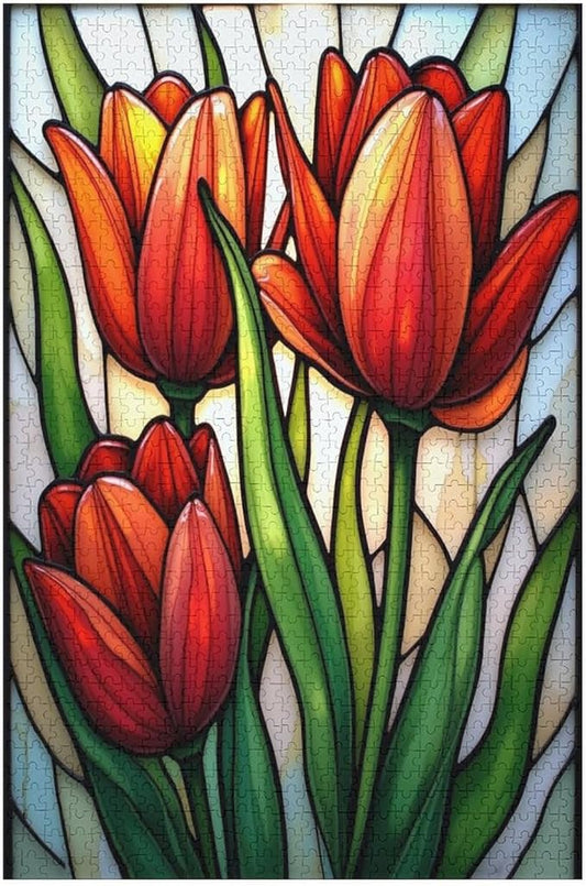 Wooden Jigsaw Puzzles - Tulip Stained Glass - 1000 Piece Jigsaw Puzzle for Adults Teenagers and Kids Educational Family Game，Home Decor，Suitable for Puzzle Enthusiasts and Collectors