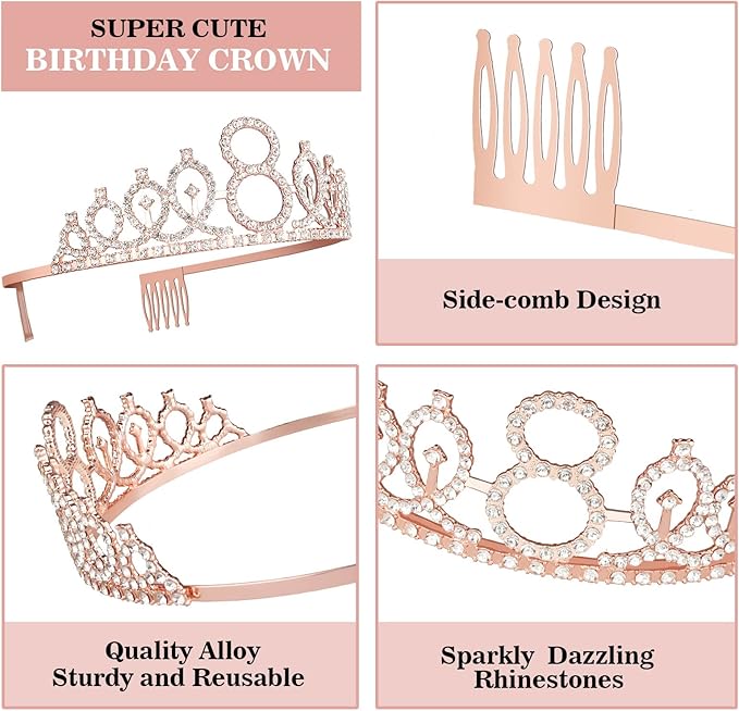 8th Birthday Decorations for Girl Including Sash, Crown, Numeral Candle and Cake Topper, 8 Year Old Girls Party Favor Supplies