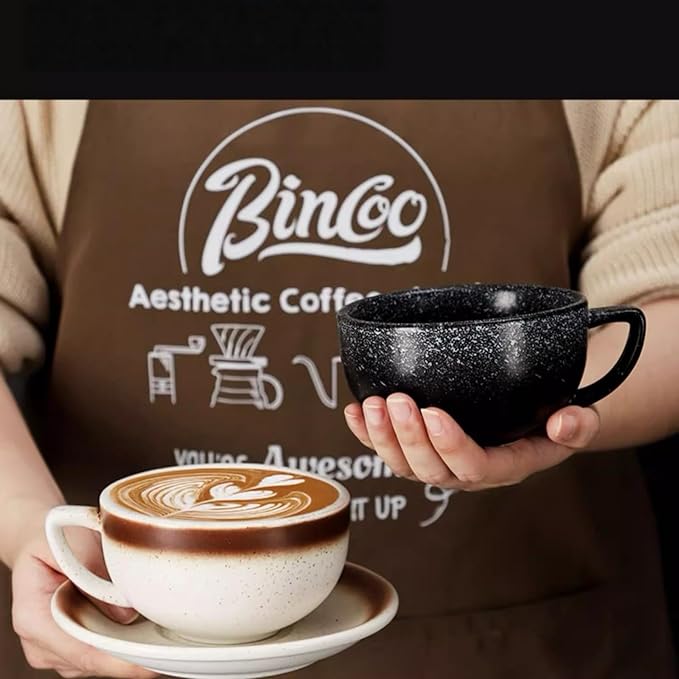 Ceramic Latte Mug, 10.82oz Barista Cup with Saucer, 7mm Thickened Rim Ceramic Cappuccino Cup, Vintage Latte Art Mug for Home & Café (Mocha)