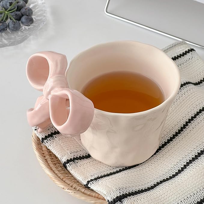 Pink Ceramic Coffee Mug with Bow Handle, Cute Girly Cup for 14oz, Handmade Kawaii Soup Mug for Latte Tea Milk Cocoa, Pretty Birthday Valentine Gifts for Women and Girls